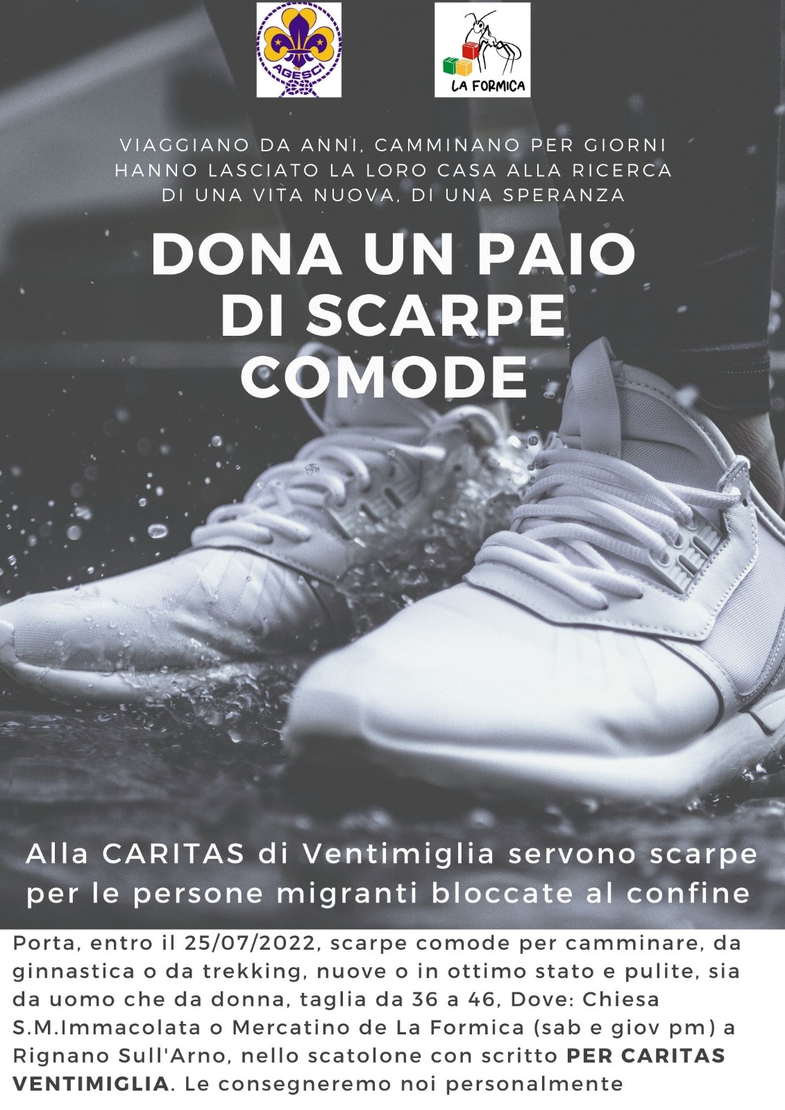 Invito a donare un paio di scarpe comode per i migranti. Caritas di Ventimiglia